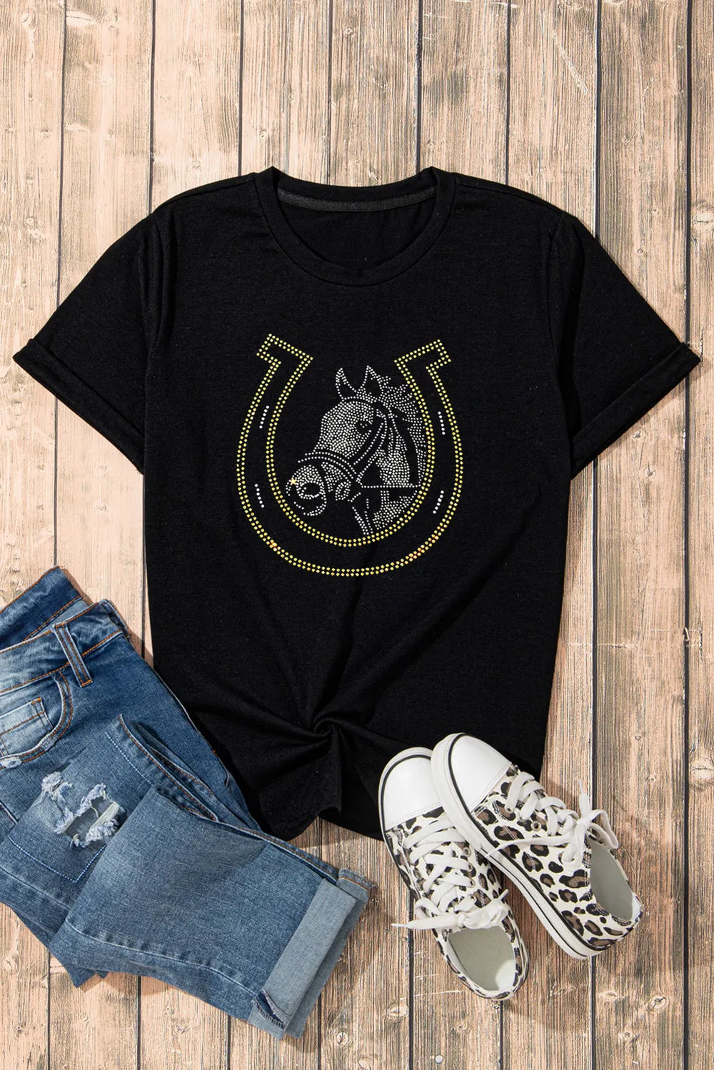 Rhinestone Round Neck Short Sleeve T-Shirt displayed with jeans and sneakers on wooden background.