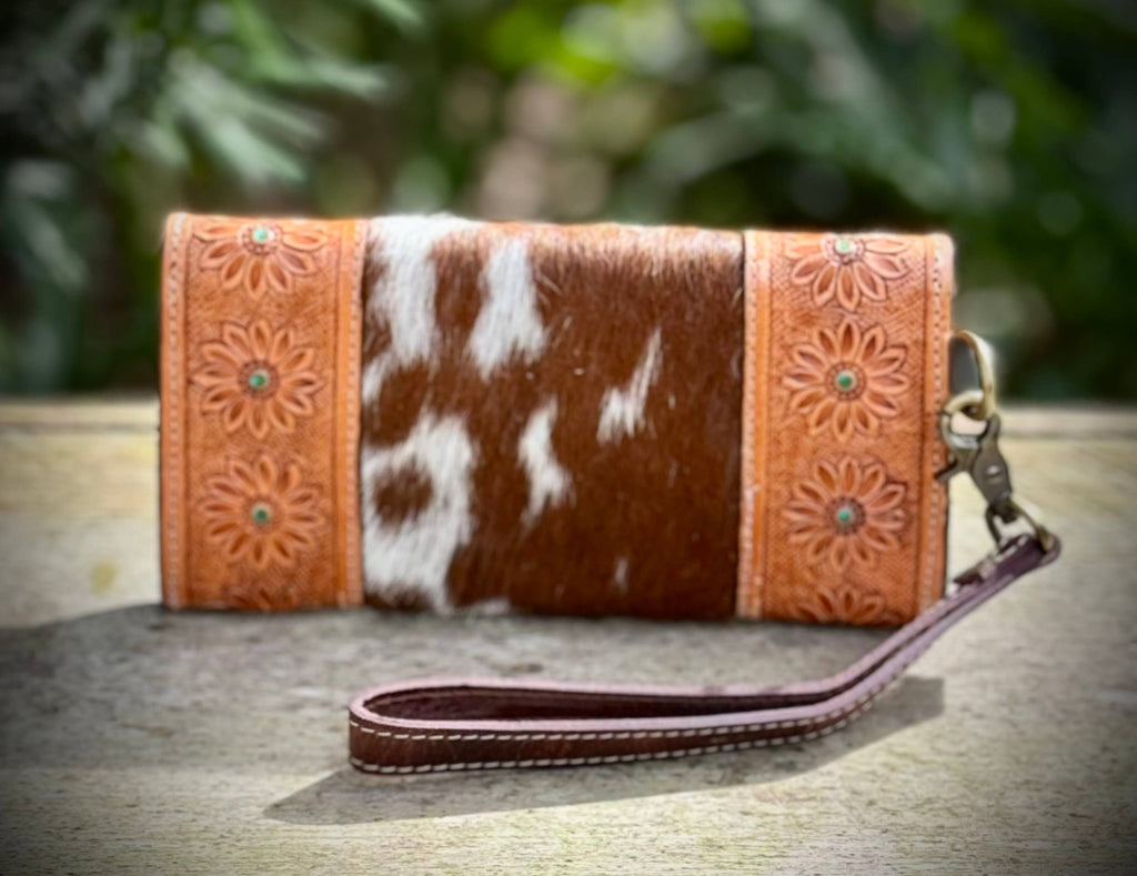 Cowhide Leather Wallet Wristlet Western Rodeo 