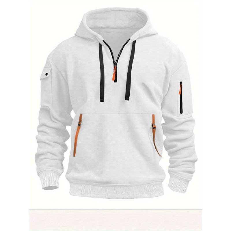 Men's Hooded Zip-Up Sweatshirt With Pockets Jacket in white with orange accents and practical zippers.