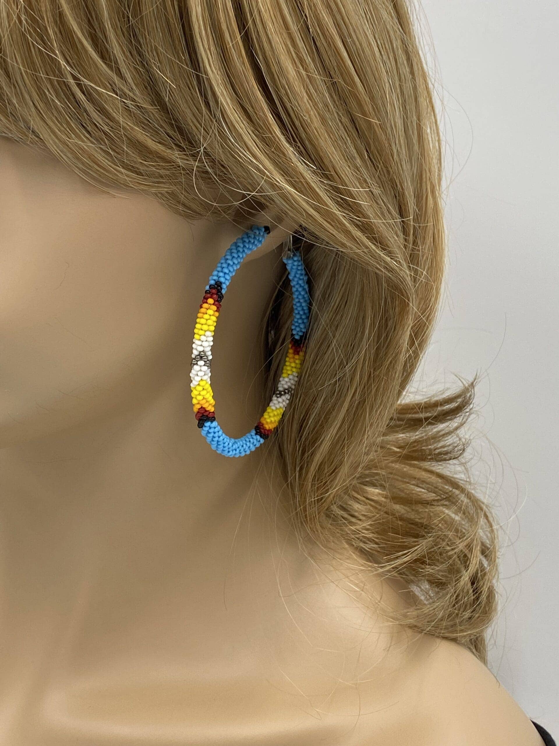 Handmade Native Style Hoop Earrings 3" - Cyan Blue Beaded