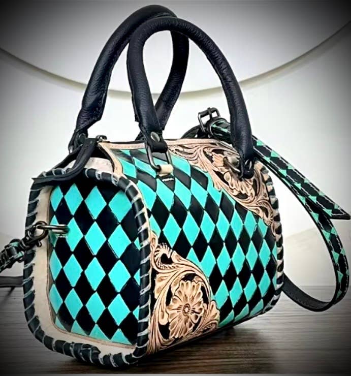 Small Turquoise Black Leather Checkered Speedy Bag Western 