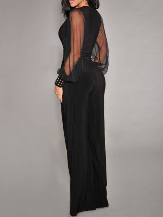 Mesh Panelled Studded Straight-Leg Jumpsuit
