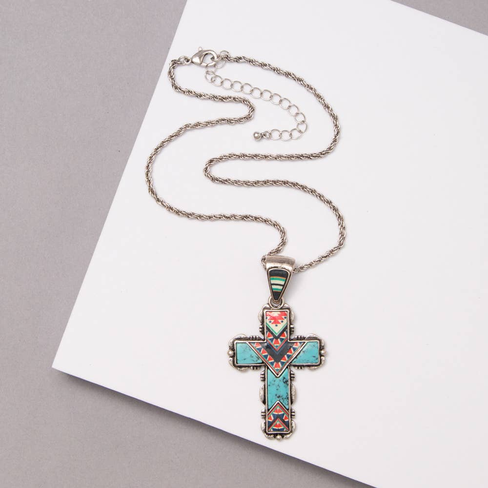 Western Aztec Hand Stone Cross Necklace
