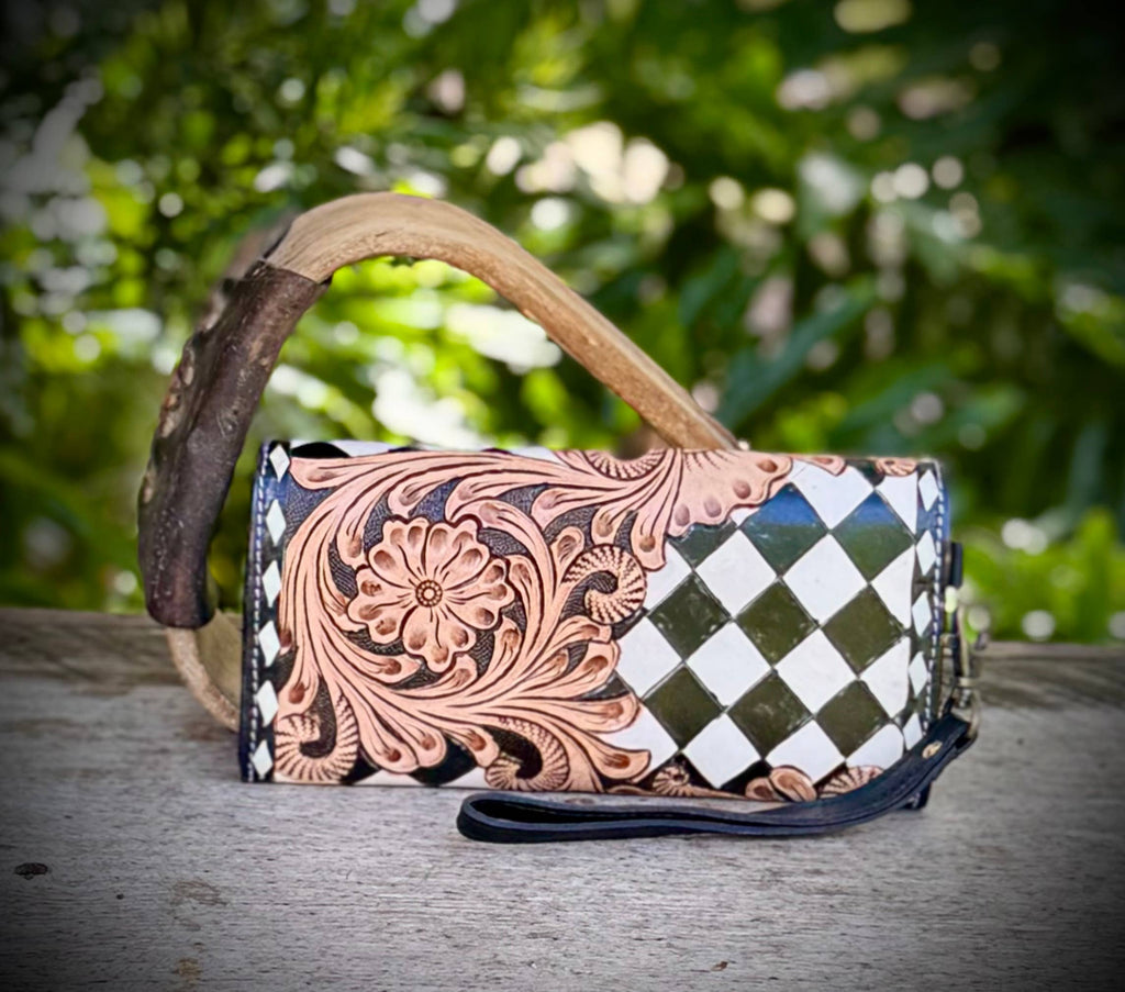 Black White Checkered Tooled Leather Wallet Wristlet Western