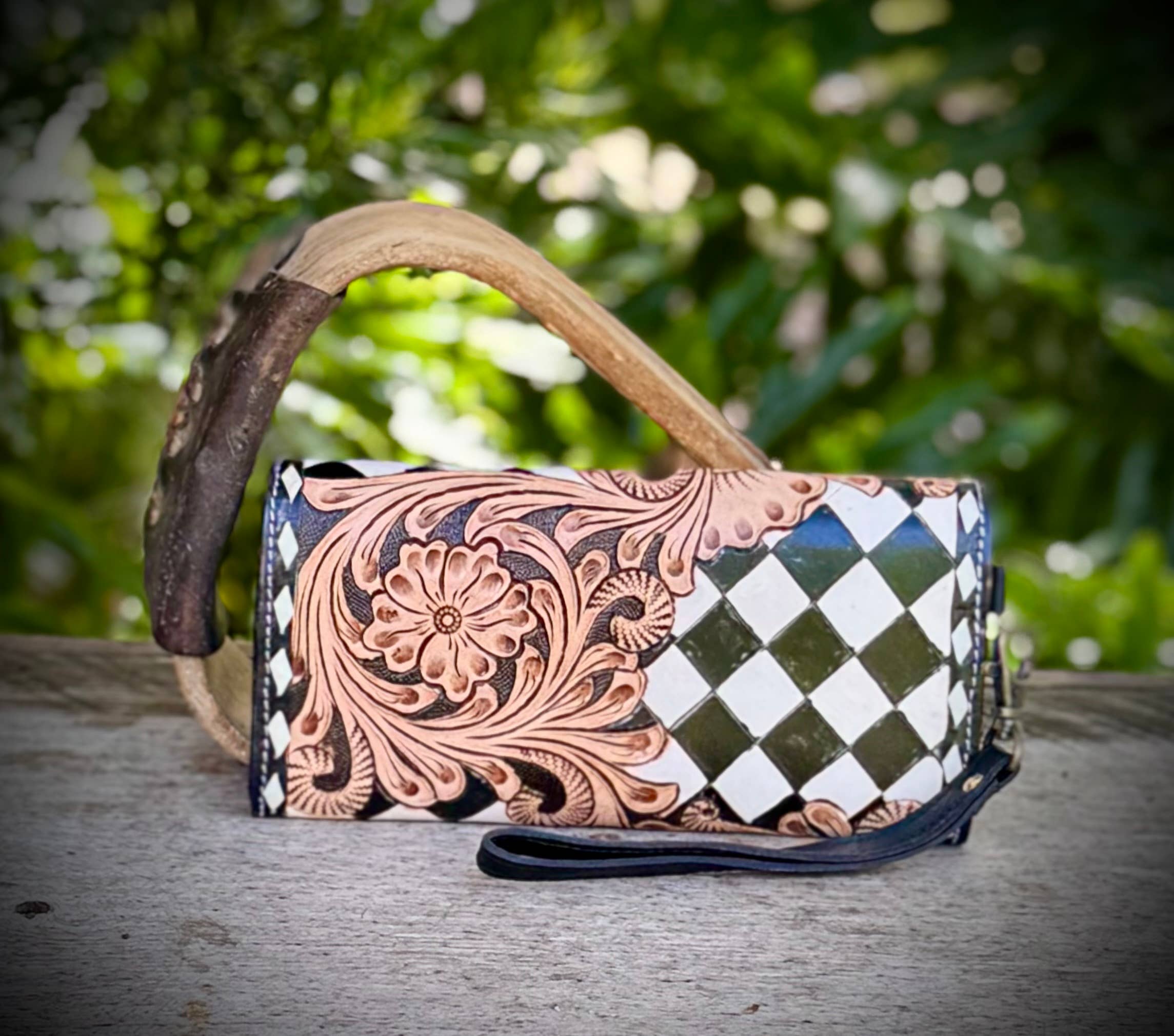 Black White Checkered Tooled Leather Wallet Wristlet Western
