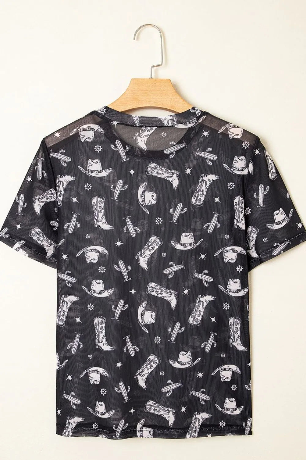 Western Pattern Mesh Sheer Crew Neck Top featuring a lightweight mesh design with Western motifs.