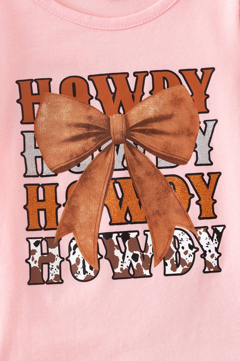 Howdy Howdy" Pink tee and denim shorts.