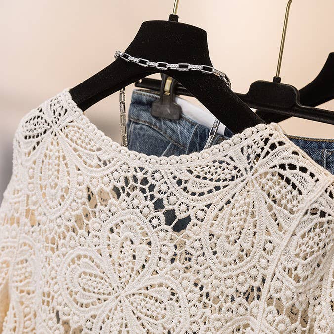 Bohemia Crochet Lace bell flare sleeve tee top cover up