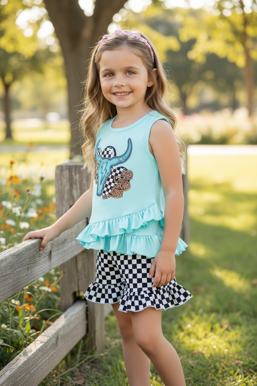 Bull skull on ruffle top and checkered shorts w/ruffle trim.