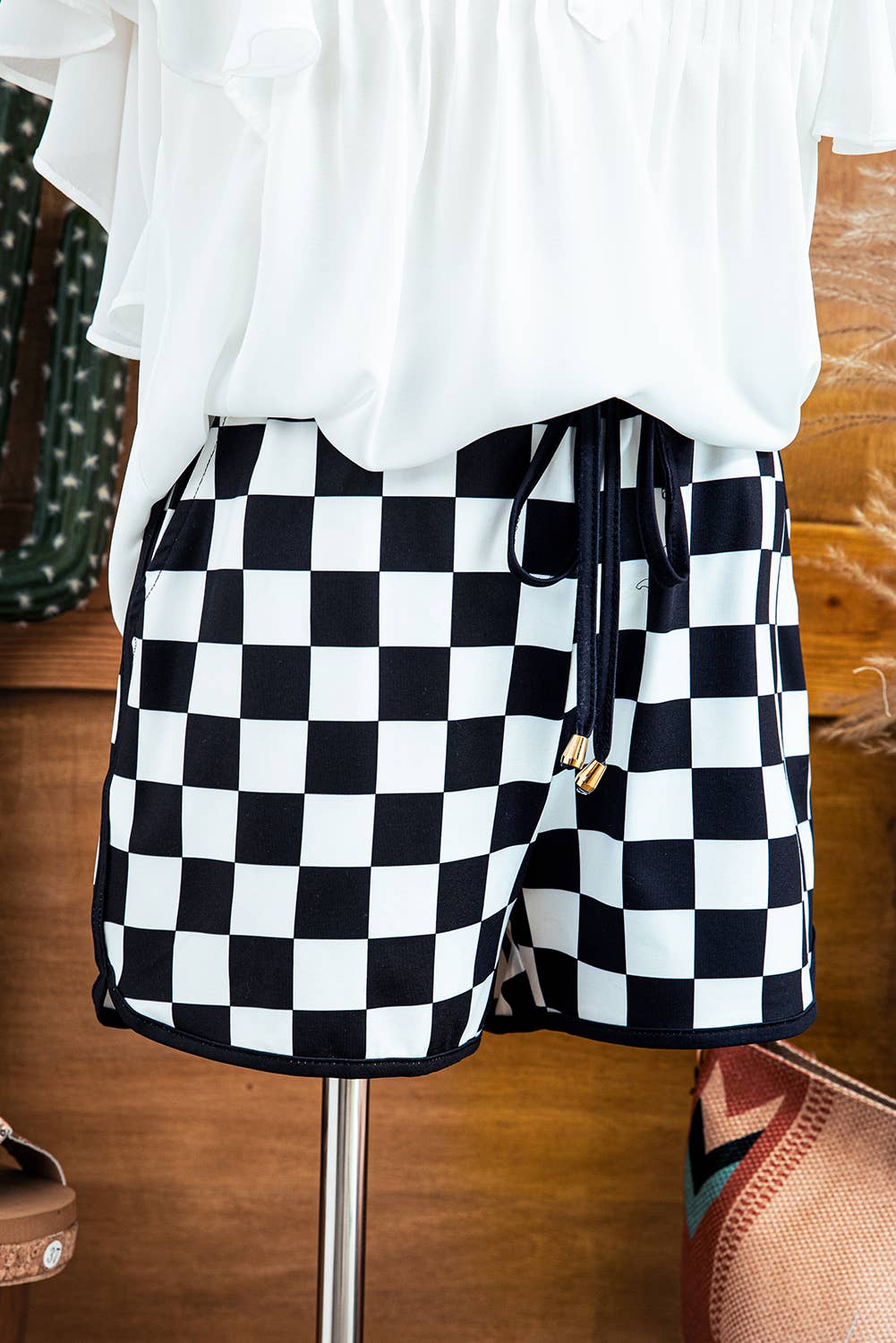 Fashion-W Checkered Drawstring Waist Casual Shorts