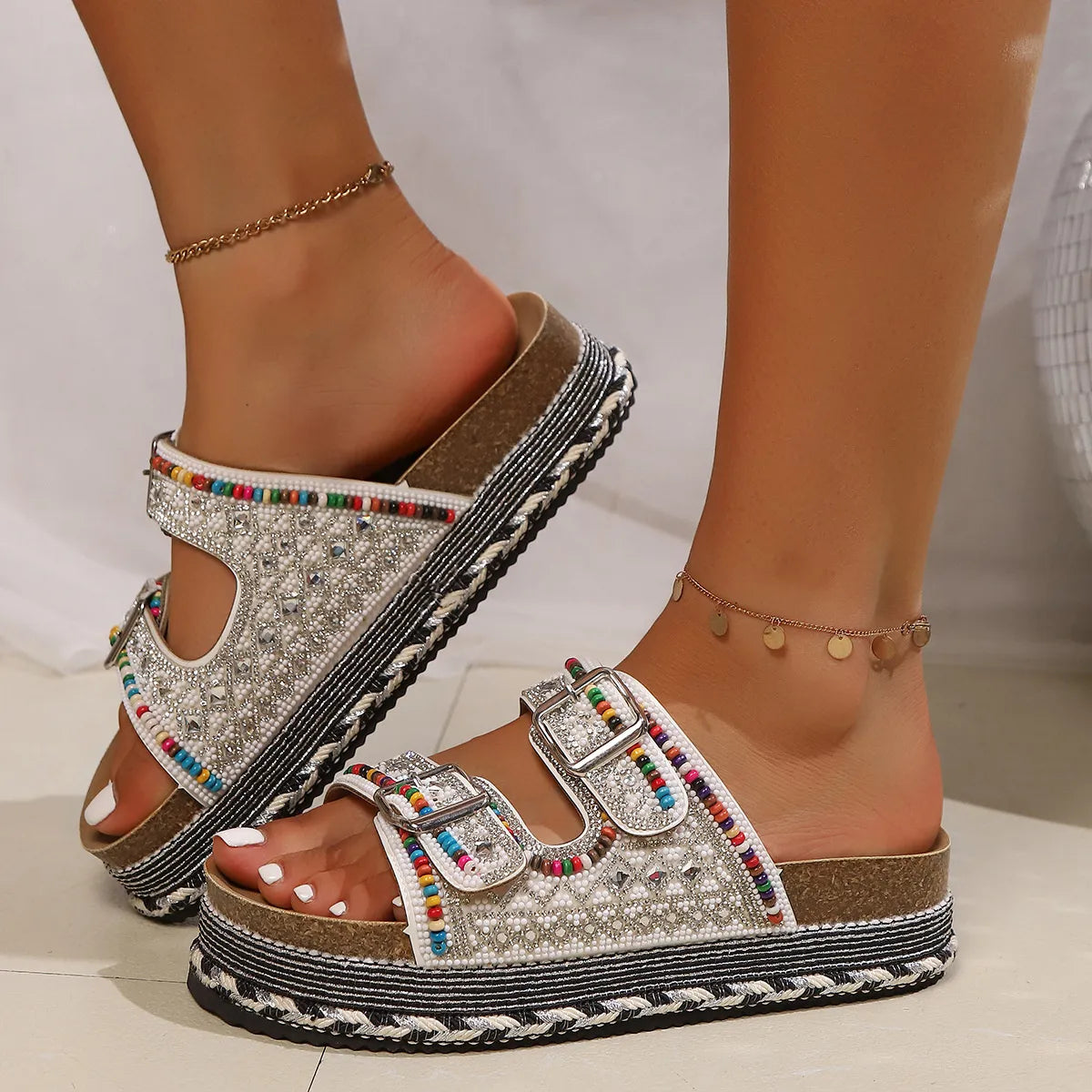 Beaded Buckle Platform Sandals featuring intricate beadwork and adjustable buckle closure for comfort and style.