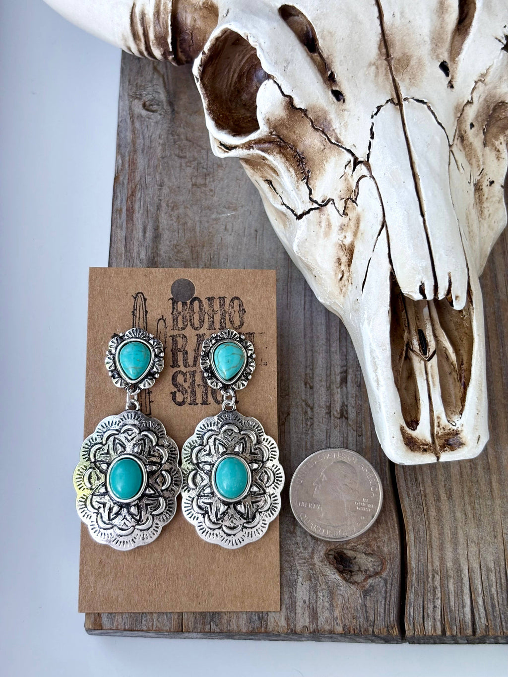 Western Concho Turquoise Stone Post Drop Earrings