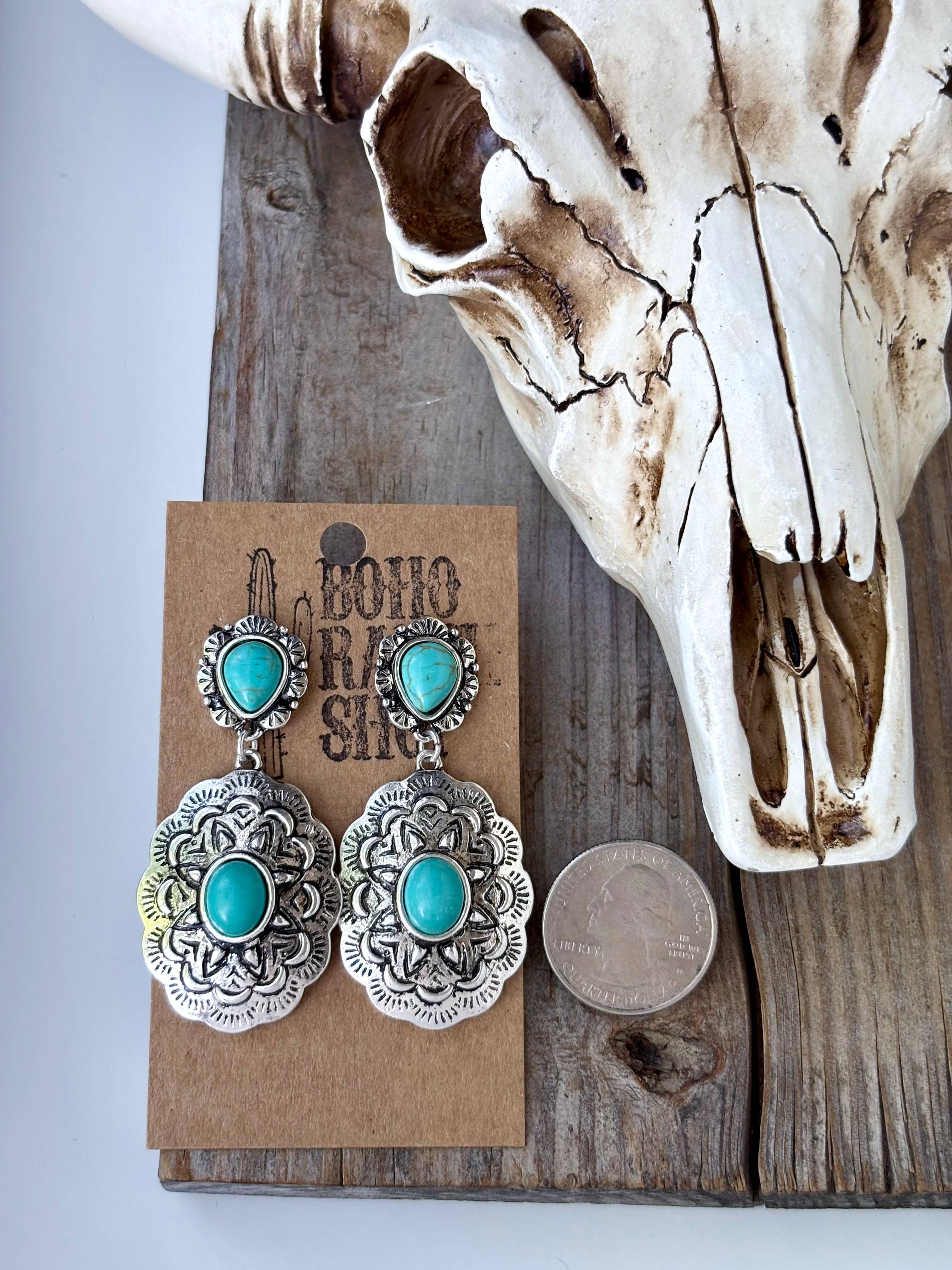 Western Concho Turquoise Stone Post Drop Earrings
