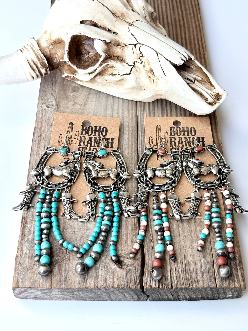 Western Statement Horseshoe Stone Dangle Drop Earrings