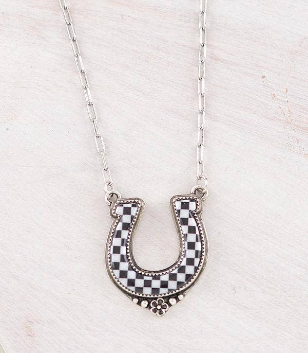 Checkered Horseshoe Pendant Necklace