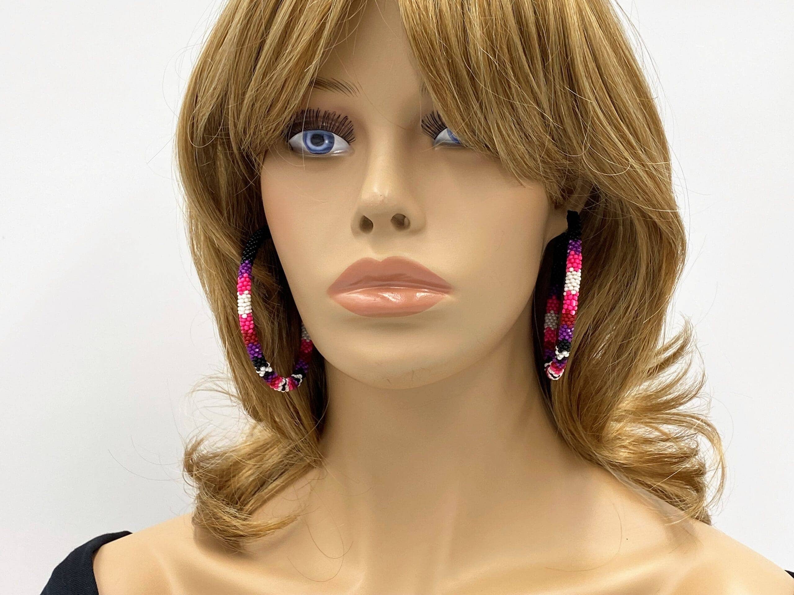 Handmade Native Style Hoop Earrings 3" - Black Pink Beaded