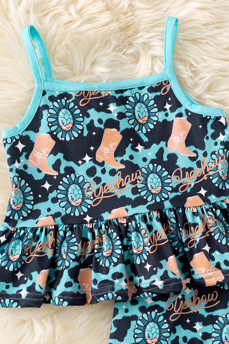 Concho & western printed boot ruffle tunic and shorts.