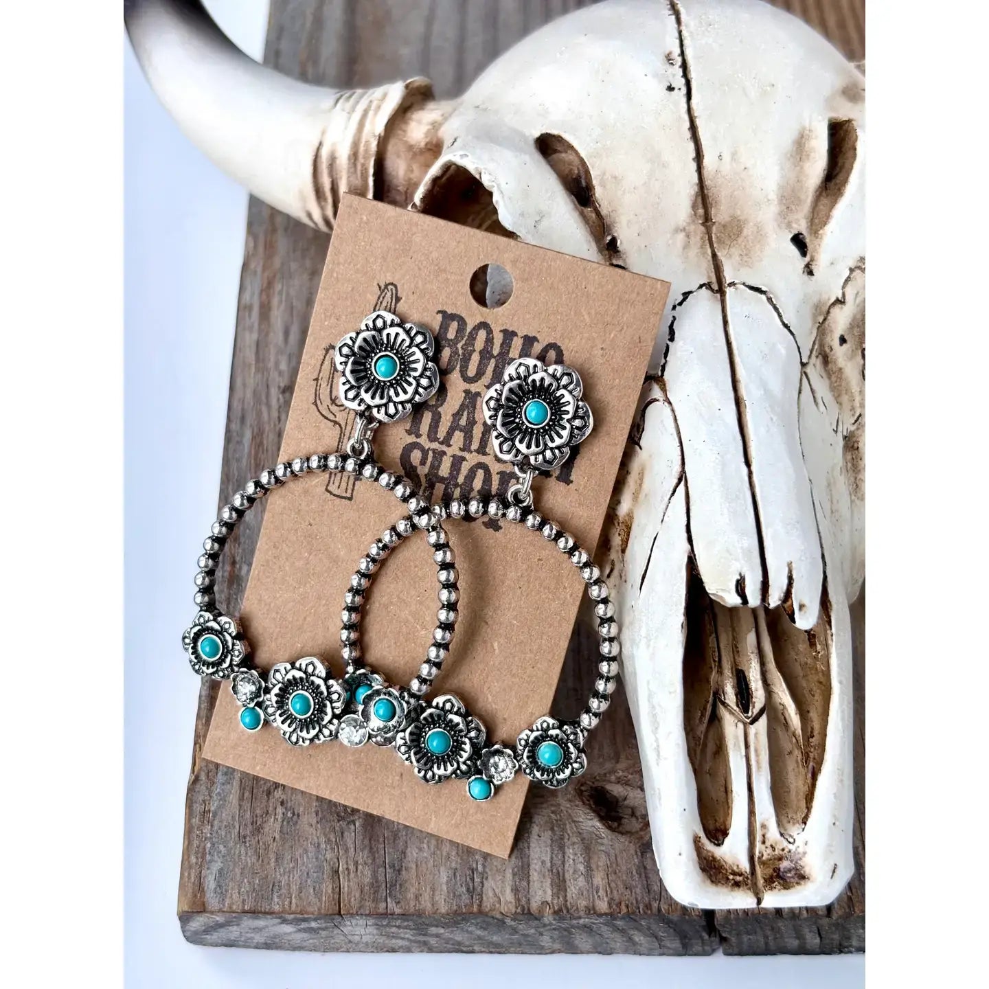 Western Style Flower w/ Stone Hoop Post Drop Earrings