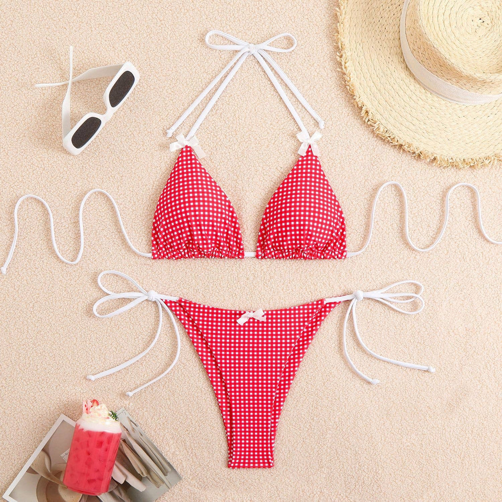 Check Bow Sexy Split Bikini Swimsuit