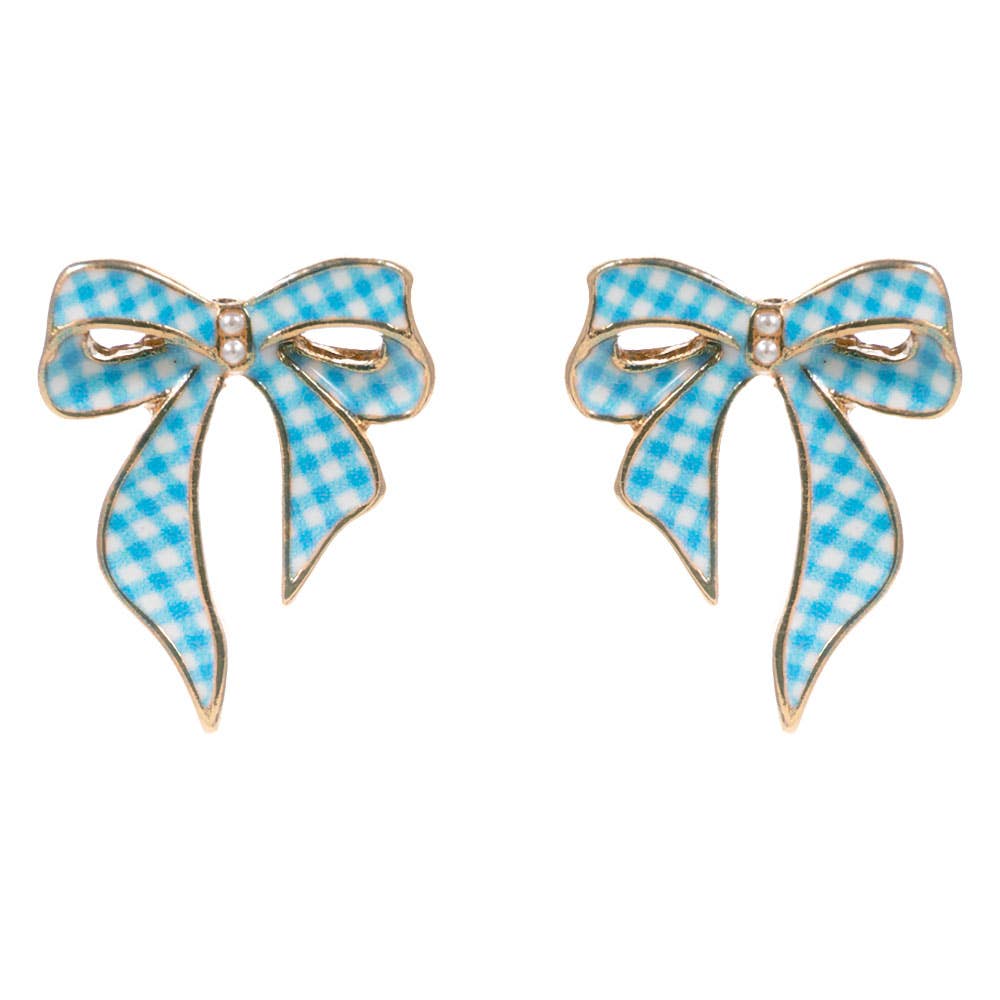 Gingham Pattern Bow Stud Earrings