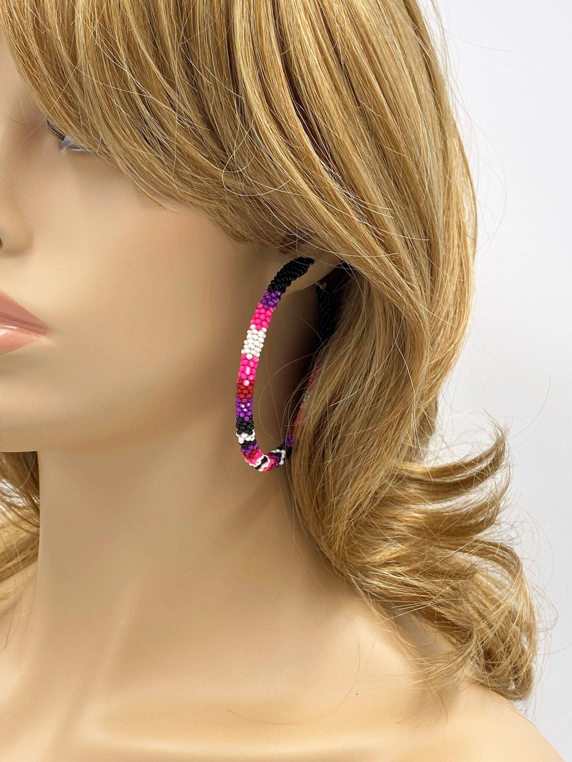Handmade Native Style Hoop Earrings 3" - Black Pink Beaded