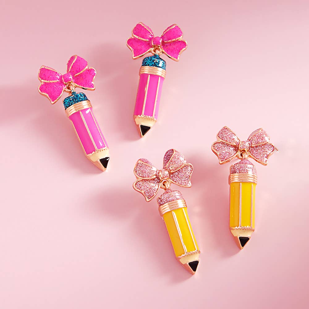 Enamel Bow Pencil Dangle Earrings