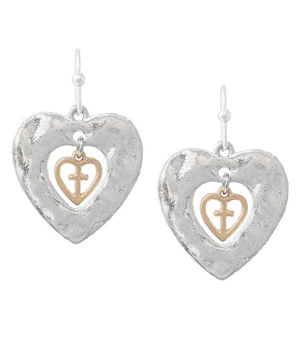 DOUBLE HEART AND CROSS EARRING