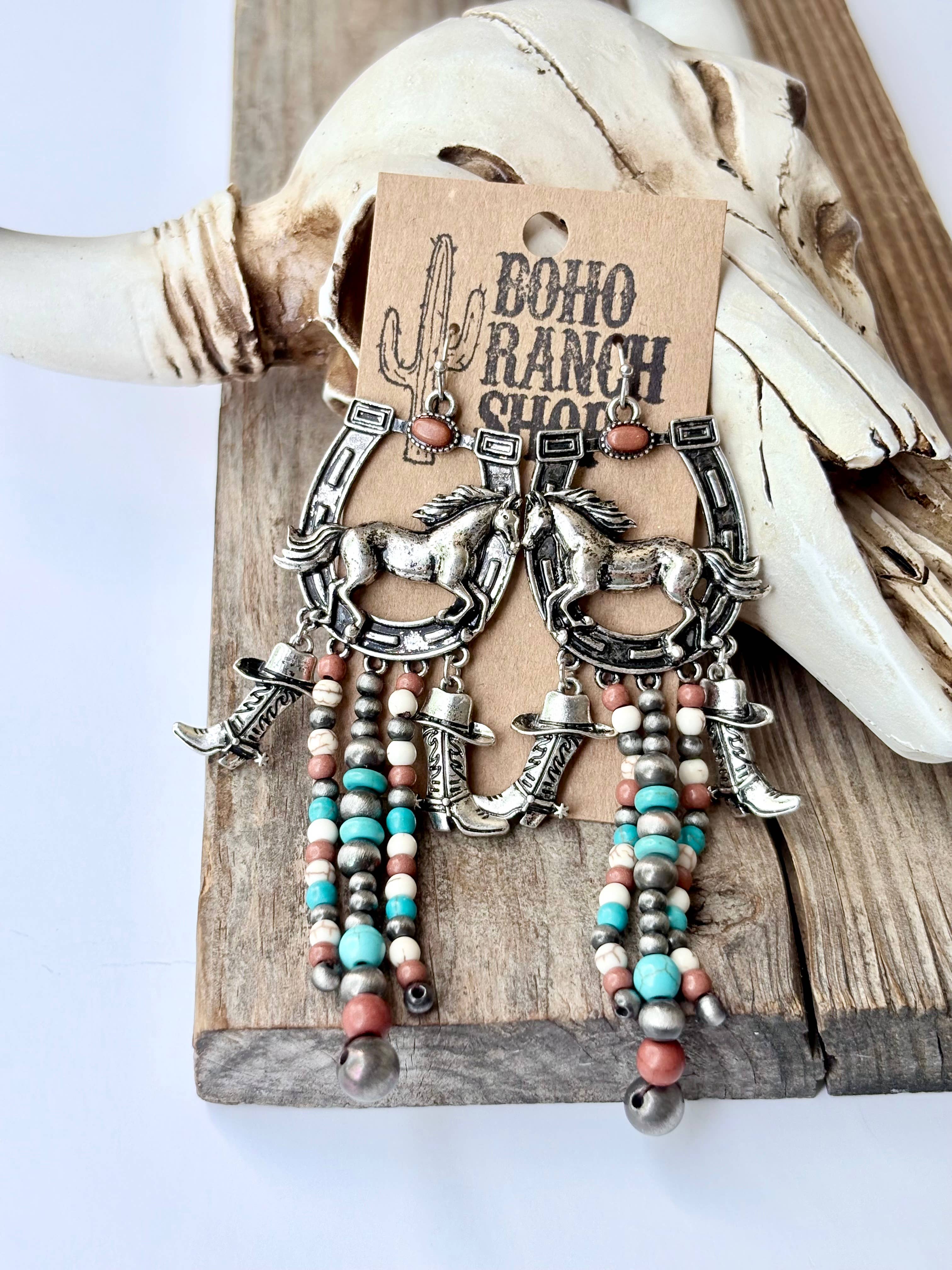 Western Statement Horseshoe Stone Dangle Drop Earrings