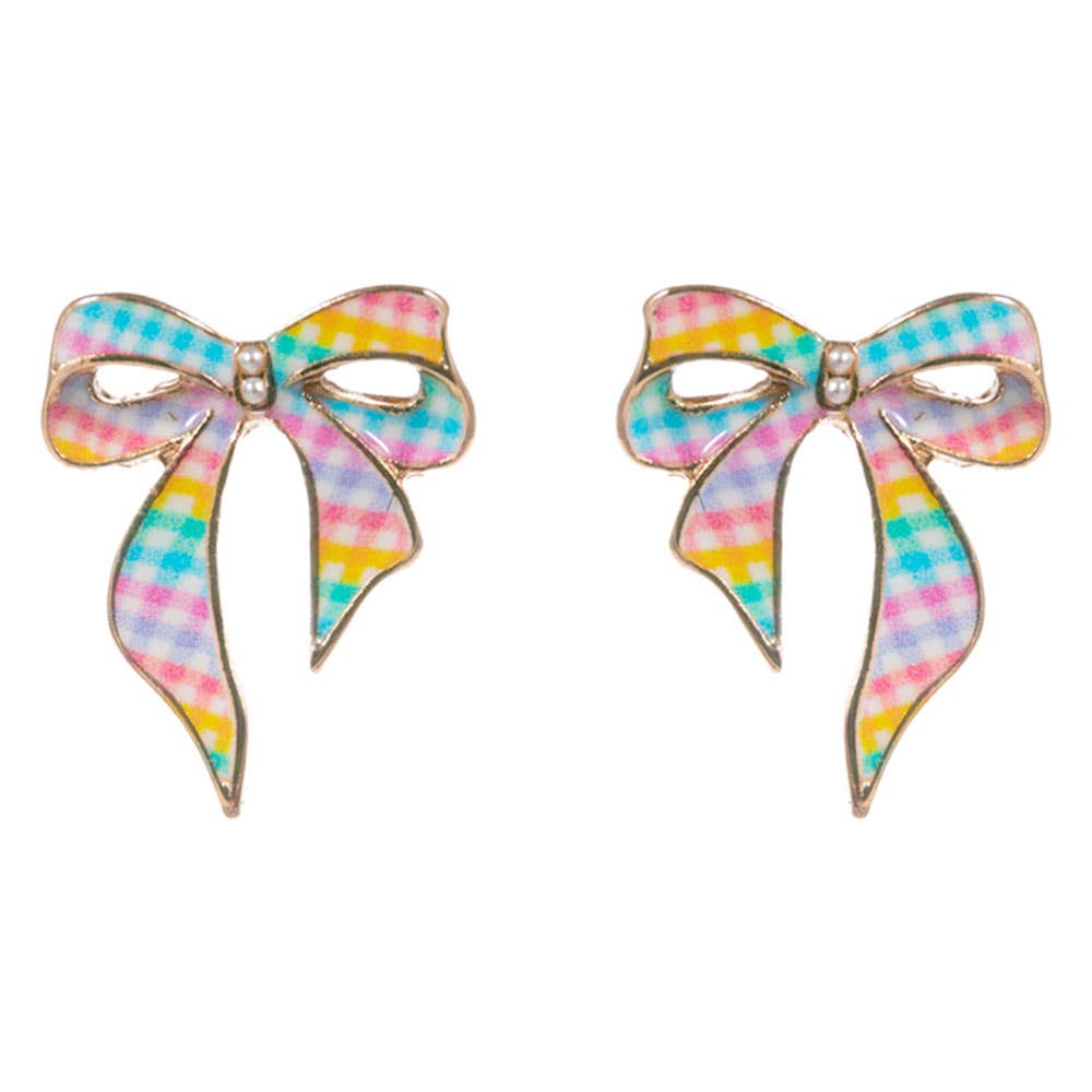 Gingham Pattern Bow Stud Earrings