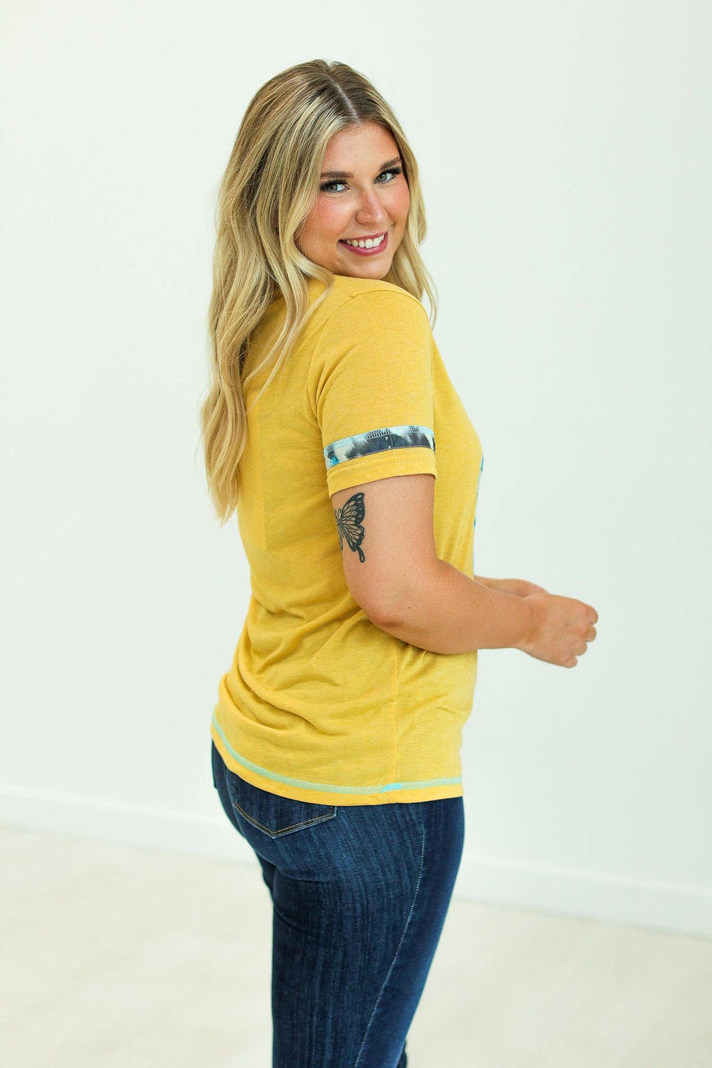 Cactus and Turquoise on Mustard Tee with Cowprint