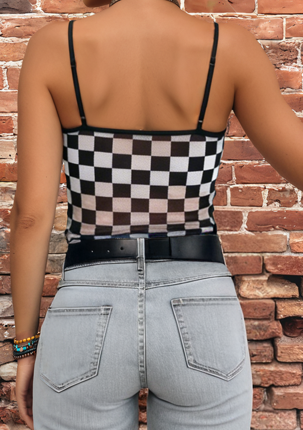 Western Sheer Checkered Print Spaghetti Straps Slim Tank Top
