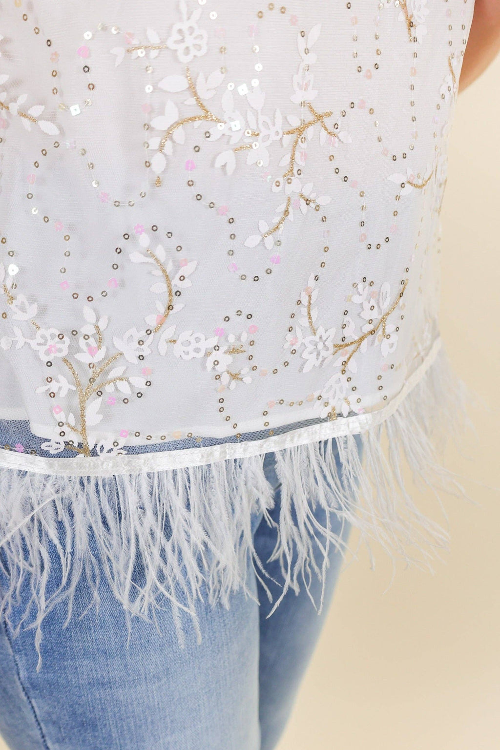 Shimmy and Shake Sequin Floral Crop with Feather Trim