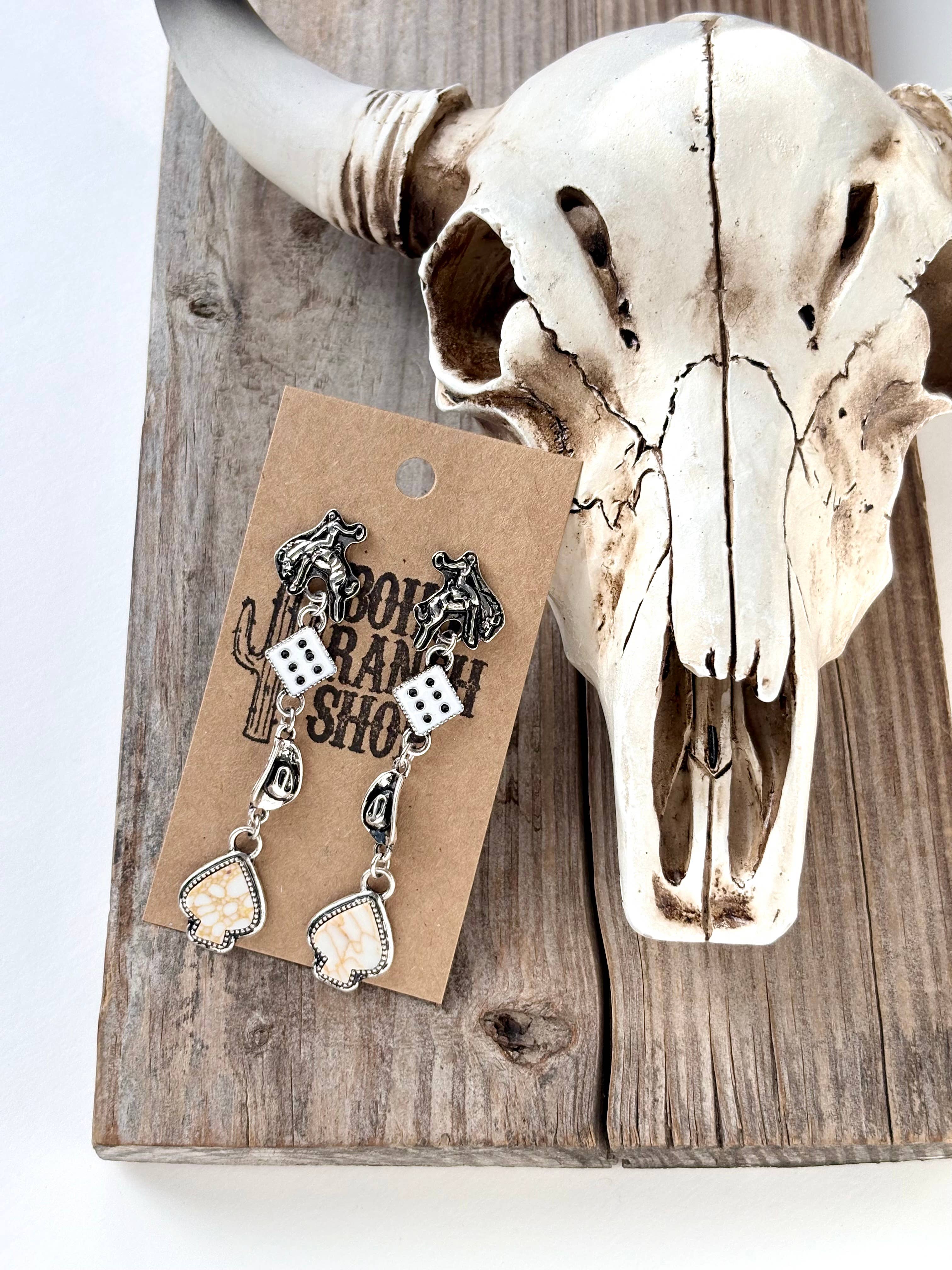 4 Tier Western Rodeo Dice Spade Stone Post Drop Earrings