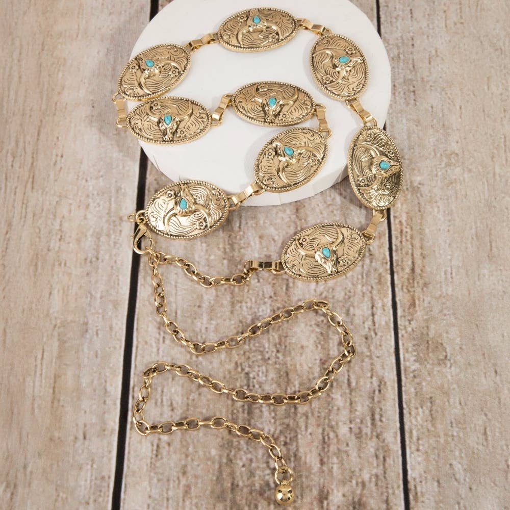Turquoise Stud Bull Head Concho Chain Belt
