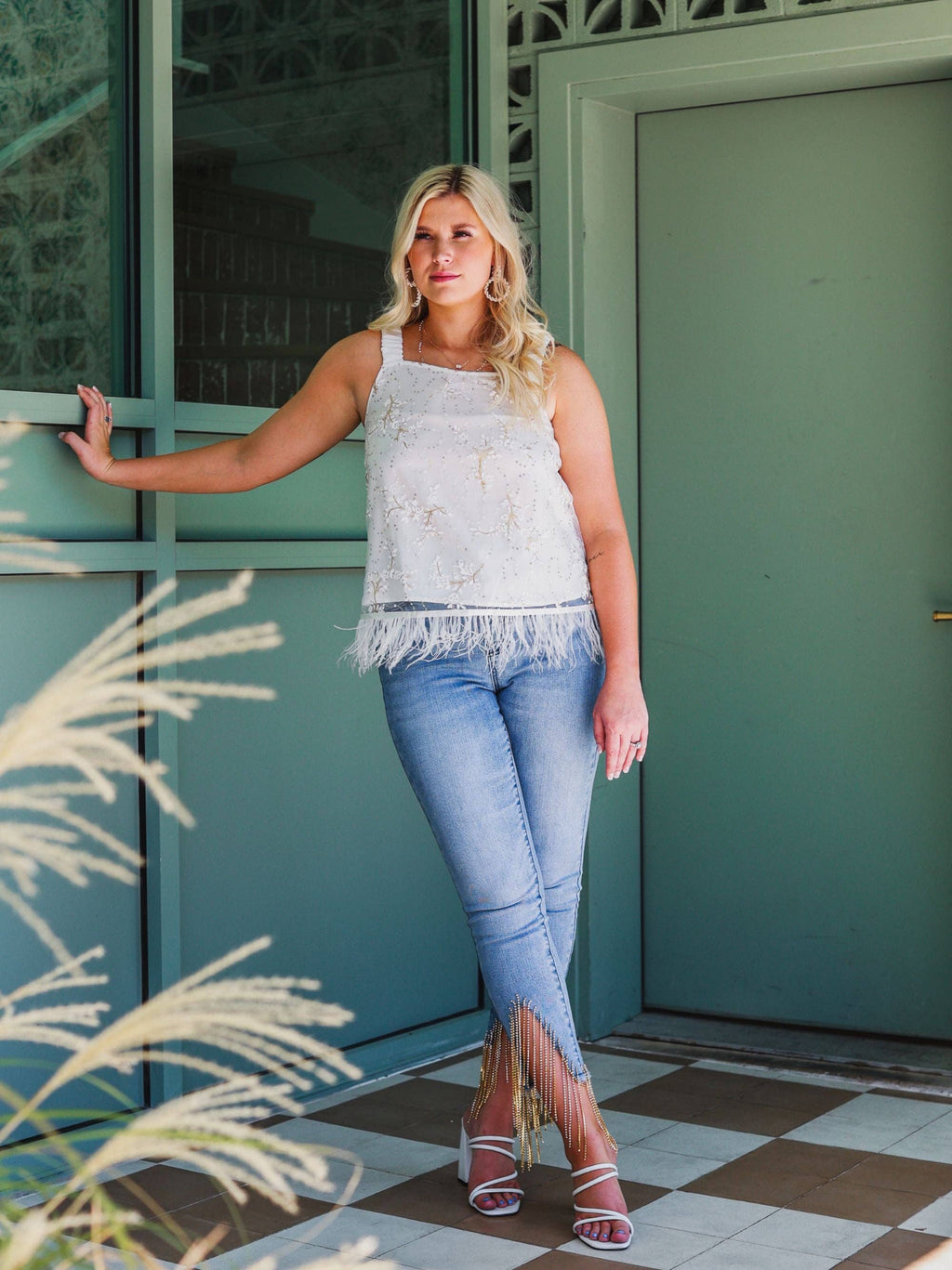 Shimmy and Shake Sequin Floral Crop with Feather Trim