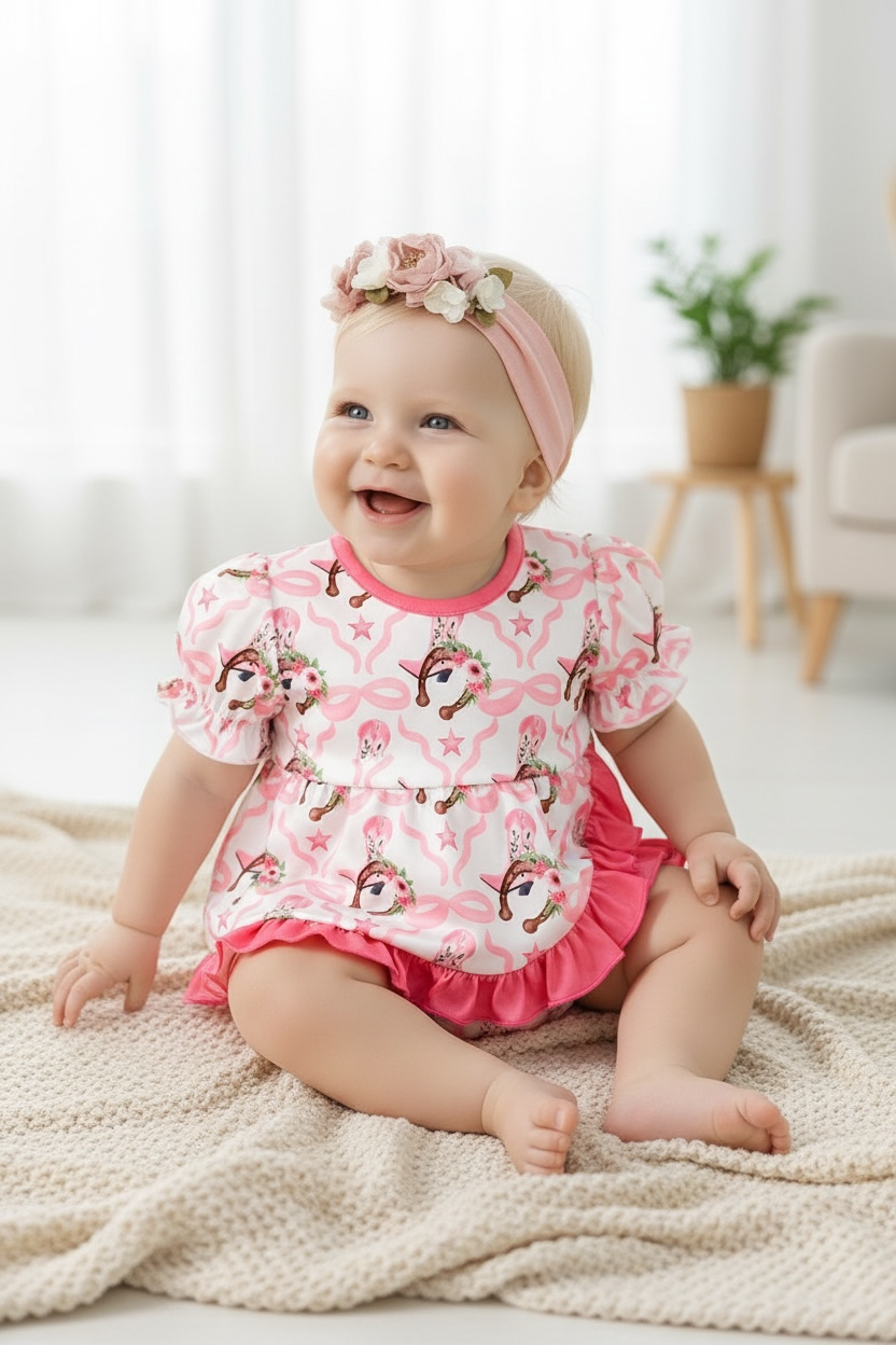 Horseshoe printed baby bodysuit dress with fuchsia ruffle hem.