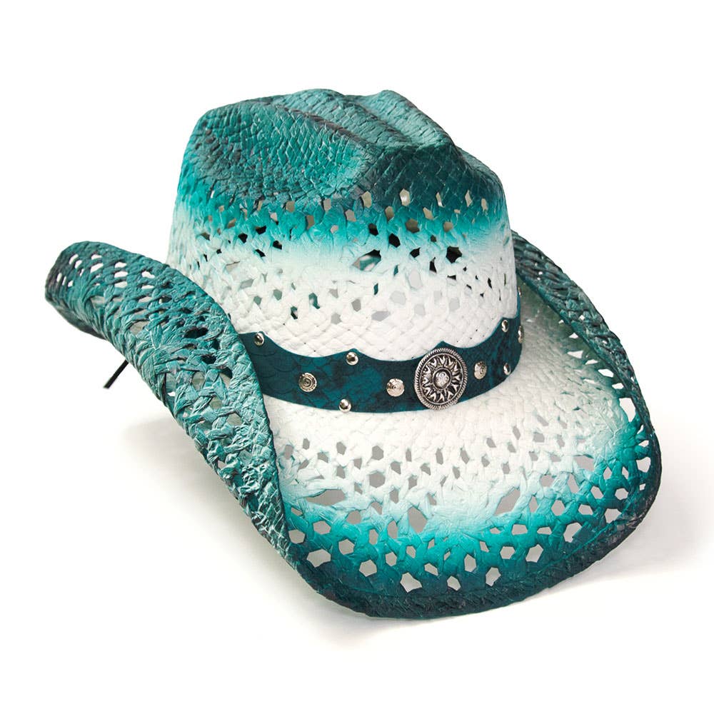 Straw Western Hat with Aqua Trim