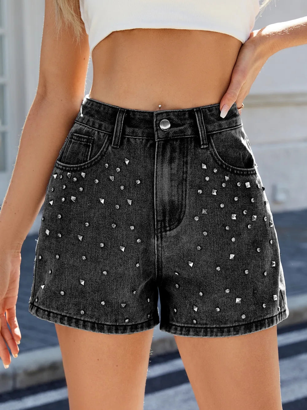 Rhinestone Washed High Waist Denim Shorts featuring intricate rhinestone detailing and a flattering silhouette.