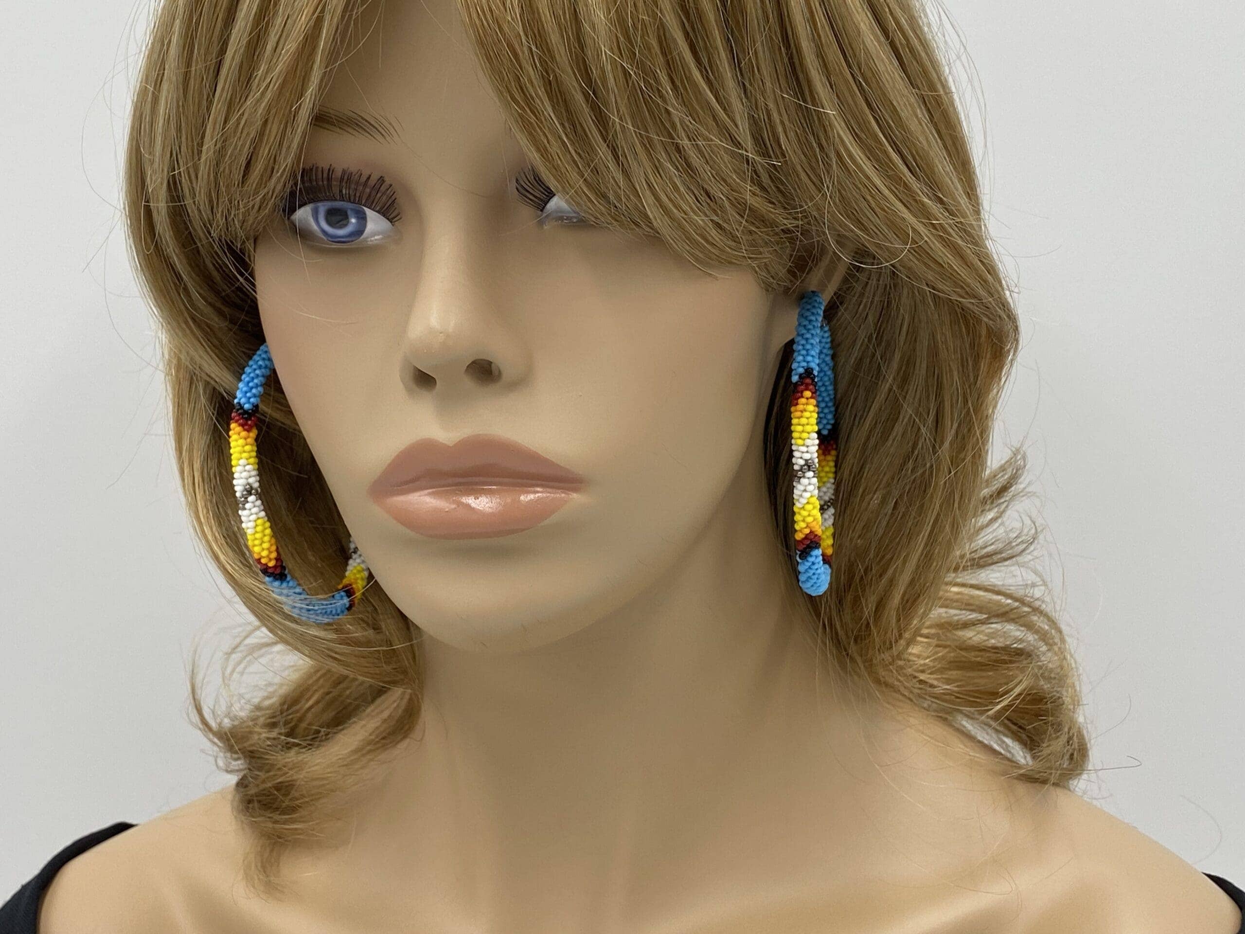 Handmade Native Style Hoop Earrings 3" - Cyan Blue Beaded