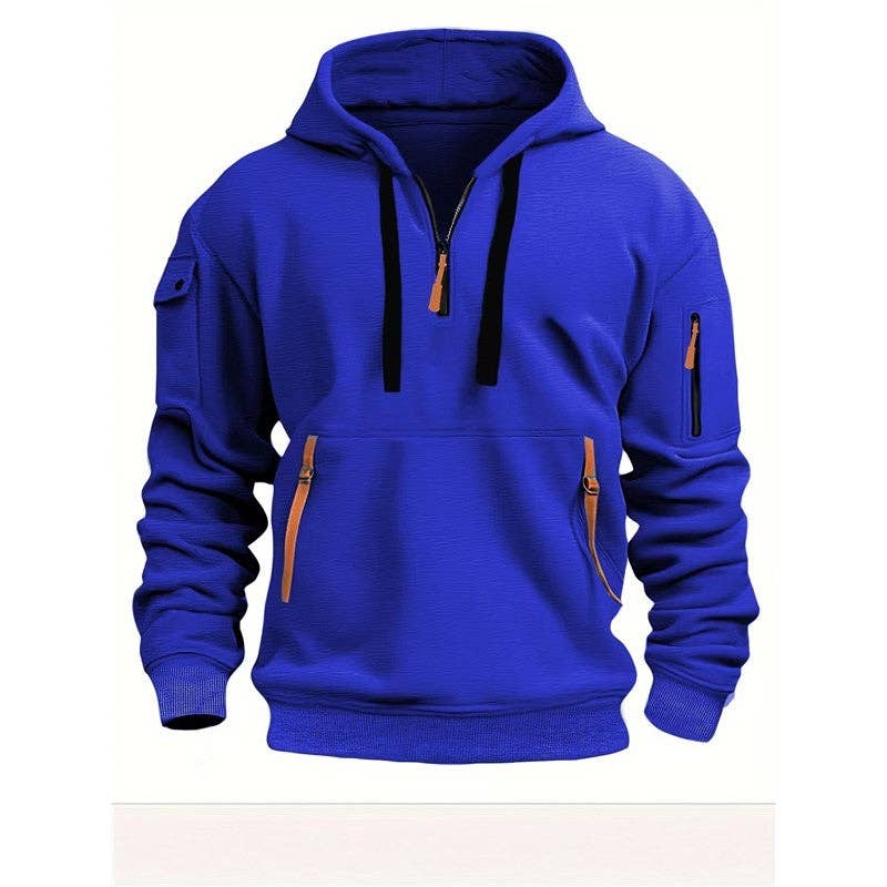 Men's Hooded Zip-Up Sweatshirt With Pockets Jacket in vibrant blue color with multiple zippered pockets.