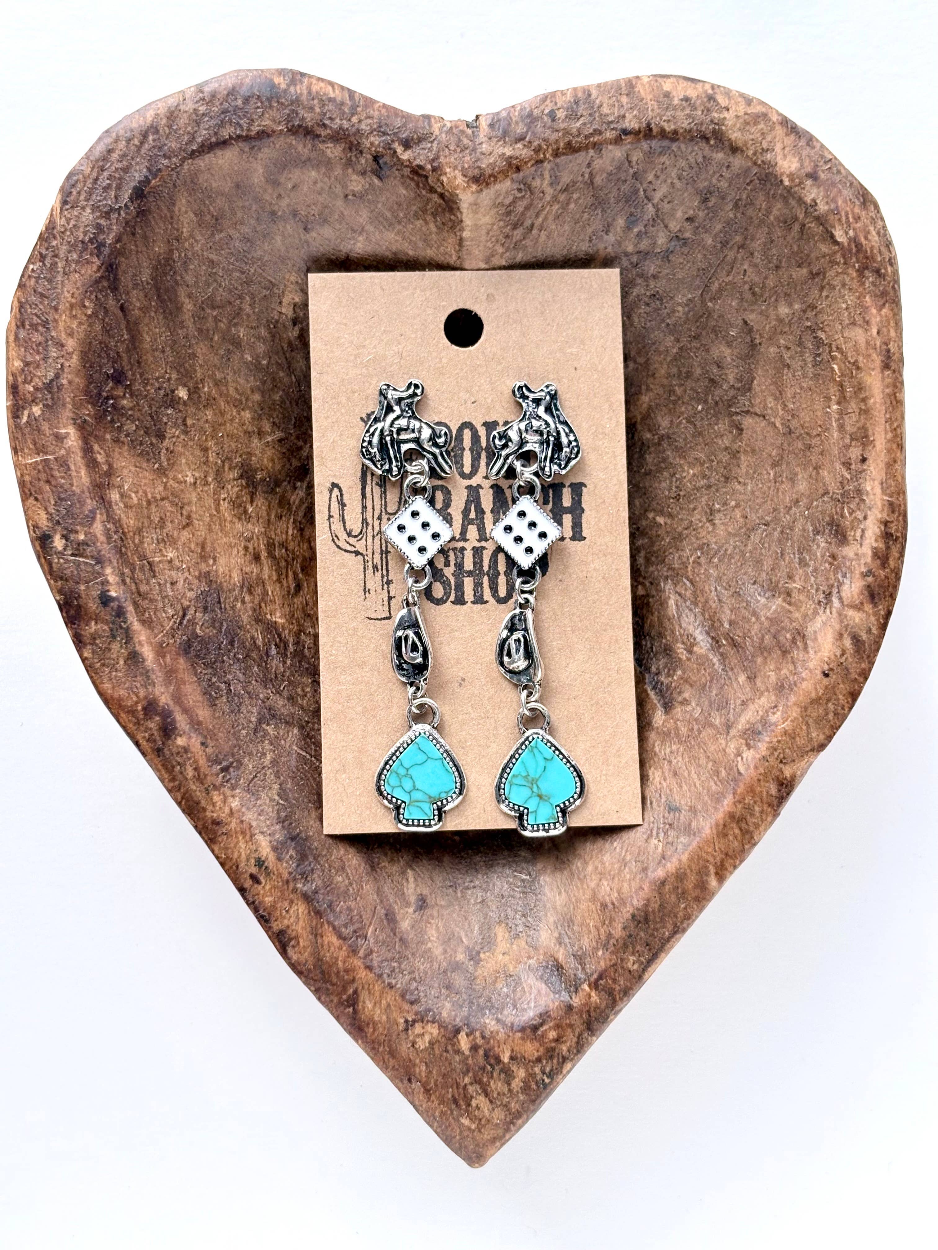 4 Tier Western Rodeo Dice Spade Stone Post Drop Earrings
