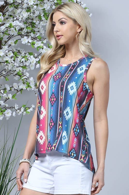 VALERIA AZTEC SERAPE PRINT CROSS BACK SLEEVELESS TOP