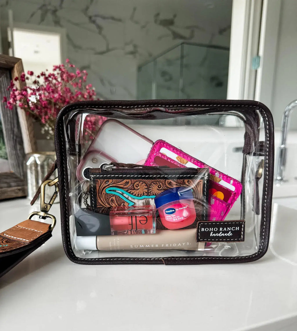 Darla clear wristlet | transparent western purse - game day holding phone, makeup, and essentials in clear design.