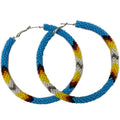 Handmade Native Style Hoop Earrings 3" - Cyan Blue Beaded