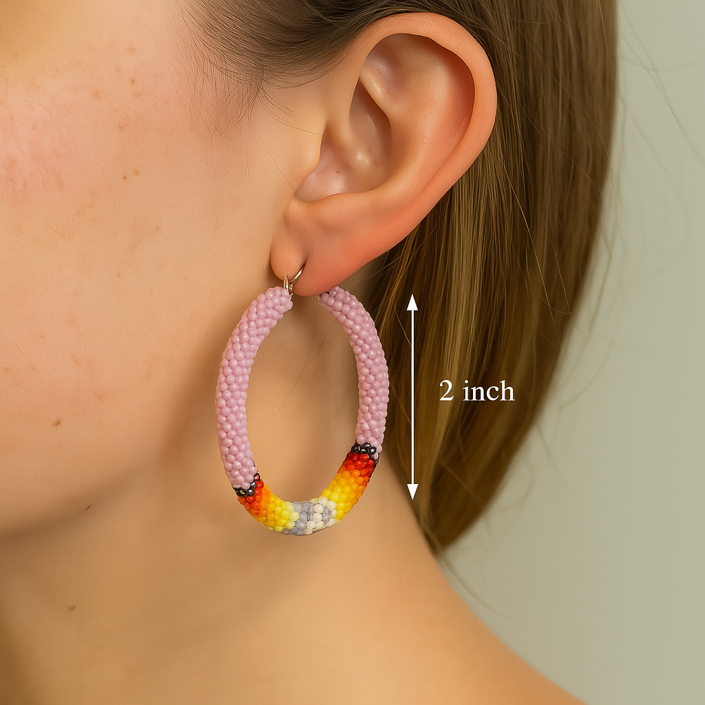 Handmade Pink Multicolor Native-Style Hoop Earrings 2”