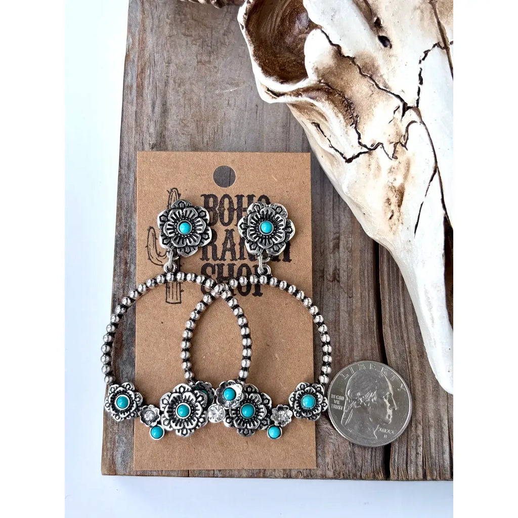 Western Style Flower w/ Stone Hoop Post Drop Earrings
