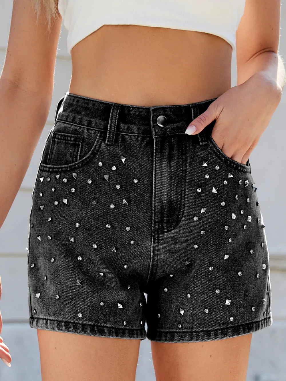 Rhinestone Washed High Waist Denim Shorts featuring rhinestone detailing and a flattering high-waist silhouette.