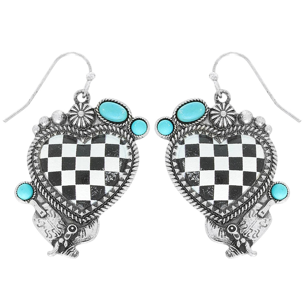 Western Turquoise Checkered Heart Earrings