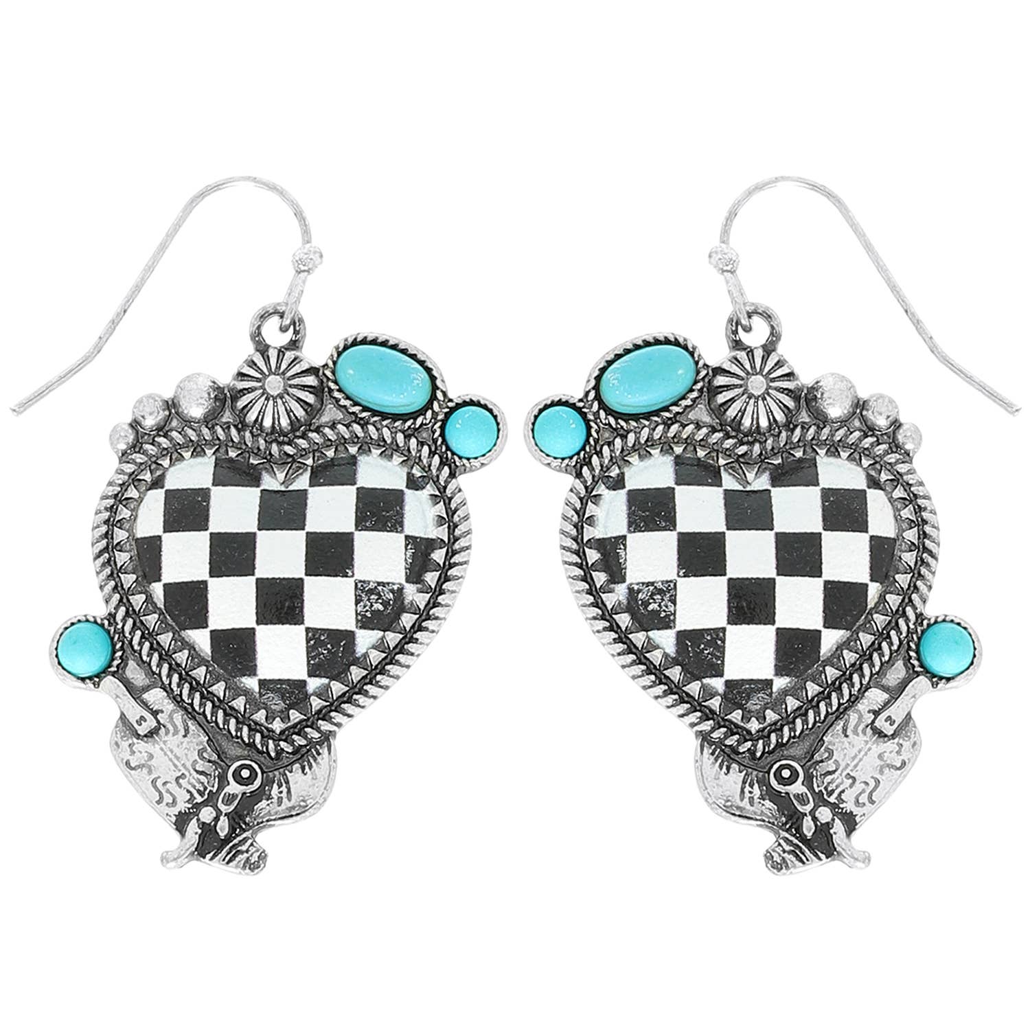 Western Turquoise Checkered Heart Earrings