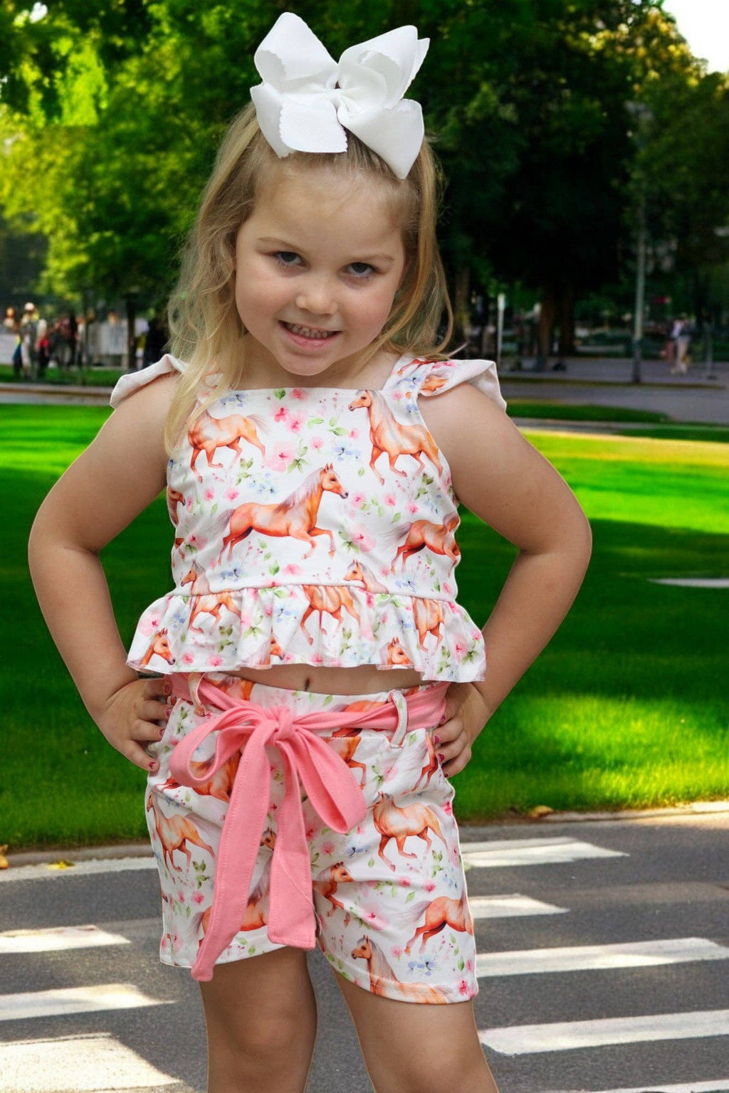 (Western) Horse printed girls short set w/open back.